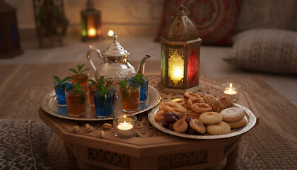 A festive Ramadan display featuring a polished teapot, ornate cups, and an assortment of pastries arranged on a silver tray. Warm lantern light and decorative backdrop create an inviting iftar scene