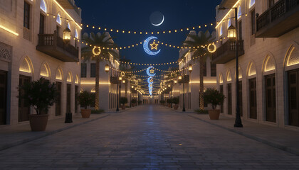 Obraz premium Nighttime Street With Festive Lights, Crescent Moon and Arabic Architecture