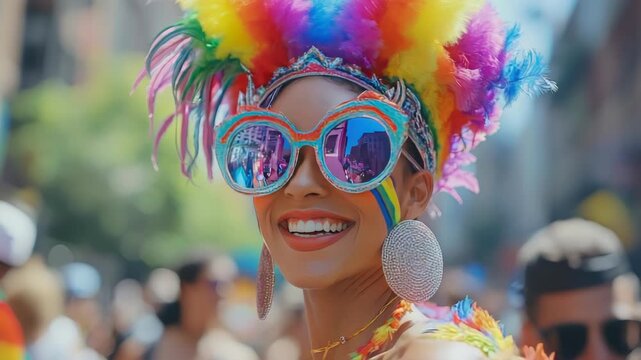 Participant in vibrant and flamboyant carnival costume walking proudly through the streets of Greenwich Village during the annual Pride Parade, celebrating LGBTQ+ identity and diversity