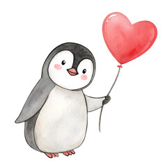 Cute penguin holding a red heart balloon, sweet watercolor illustration for valentine's day