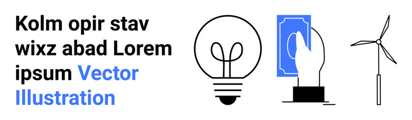 Fototapeta premium Renewable energy, eco-innovation, financial transactions, power generation, sustainability, energy conservation. Minimalistic light bulb, a hand holding a card and a wind turbine. Renewable energy