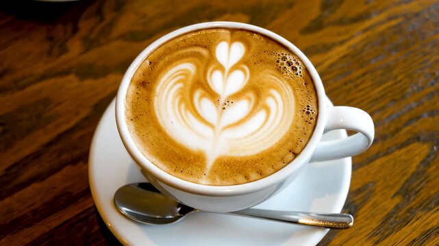 Top Down Timelapse of Fresh Coffee With Latte Art Slowly Fading as Foam Settles on Wooden Table During Relaxed Cafe Moment