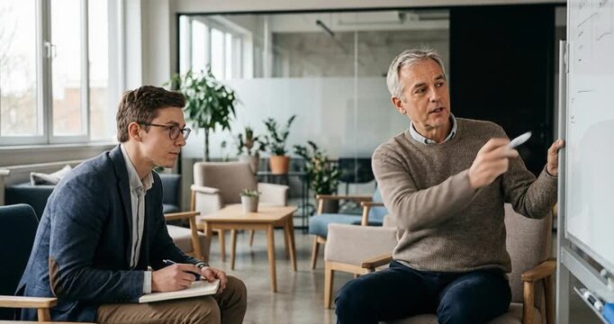 Two men discussing project using whiteboard and notepad indoors