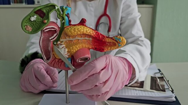 Spleen surgery. The doctor holds a scalpel and examines the spleen and pancreas.