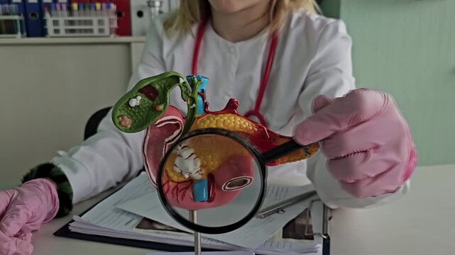 Model of human pancreas and gallbladder held by a medical professional