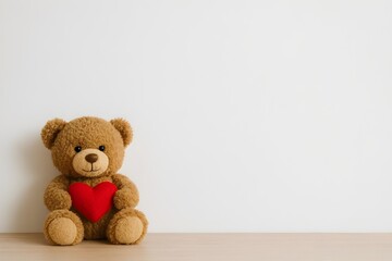 Fototapeta premium Cute brown teddy bear holding a red heart on a wooden table with negative space.