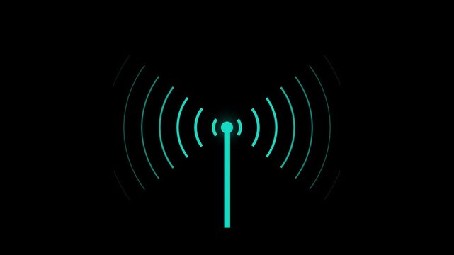 Glowing Antenna Broadcasting Signal Waves on Black. antenna tower as phone base station with radio wave animation 