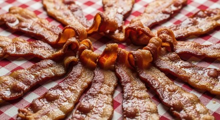 Crispy Bacon Strips Arranged on Red Gingham Background