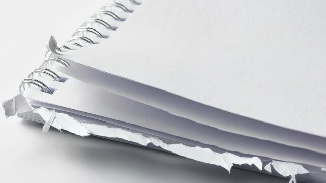 Close-up of a spiral-bound notebook with torn edges, showing blank paper