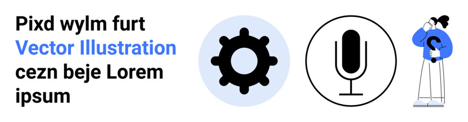 Fototapeta premium Workflow, innovation, technology, communication, problem-solving, design. Gear icon, microphone symbol person with question mark. Workflow and innovation by gear and thoughtful character