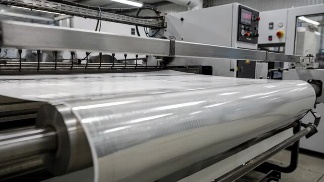 Medium view of reflective coating being applied on technical textile using knifeoverroll technique emphasizing shiny surface finish and advanced manufacturing setup.