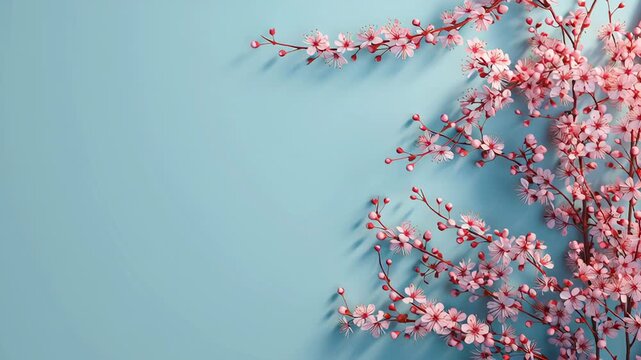 Pink cherry blossom branches on soft blue background with empty space for text and clean spring composition
