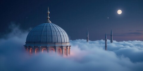 Fototapeta premium Mosque dome and minarets emerge from clouds under a moonlit night sky