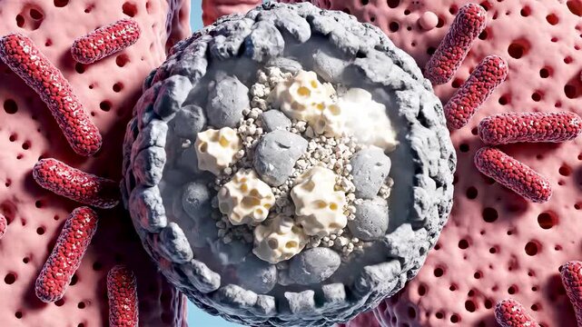 Cinematic Microscopic View of Tuberculosis Granuloma Forming in Lung With Caseous Necrosis and Calcified Containment