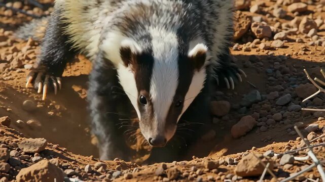 Close-up of a badger digging in sandy soil, showcasing its distinctive striped face and powerful claws