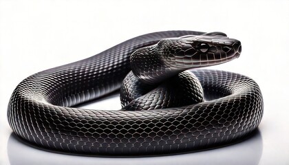 Captivating Black Snake Coiled on White Background in Studio.