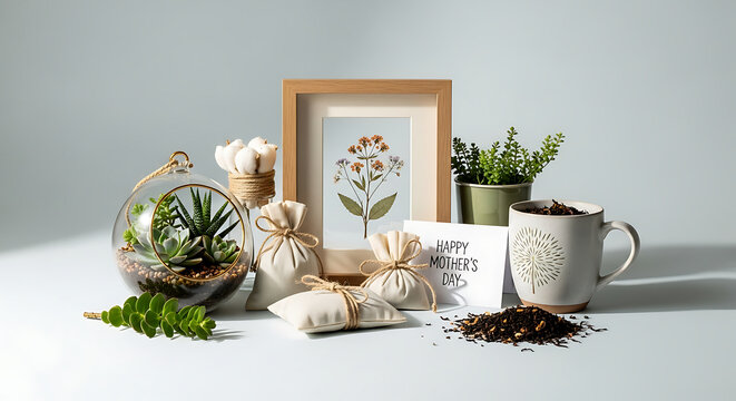 Cozy Mothers Day gift arrangement featuring plants coffee mug and handmade natural items on light surface