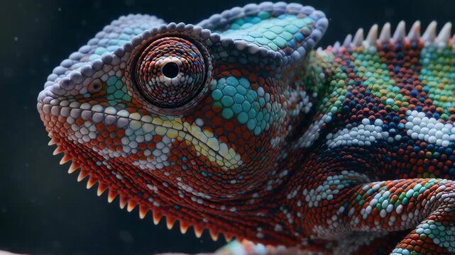 Close-up view of a colorful chameleon showcasing intricate patterns and vibrant colors against a blurred dark background