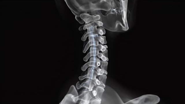 Detailed x-ray image of a human spine with a focus on lumbar inflammation and hip joint inflammation against a dark background.