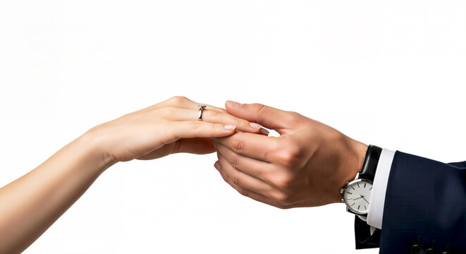 Man putting engagement ring on womans finger, close-up.
