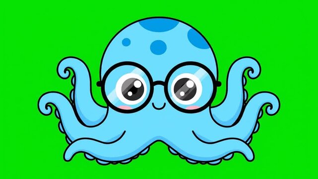Cute Cartoon Blue Octopus Wearing Glasses Animation on Green Screen