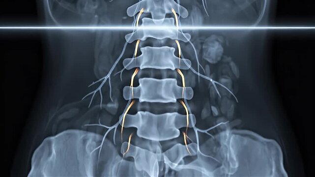Medical x-ray image of a human spine with highlighted lumbar inflammation and hip joint inflammation areas.