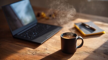 Steaming Mug of Coffee Next to Laptop on Wooden Desk