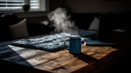 Cozy Steaming Mug on Dark Wooden Table in Moody Home Lighting