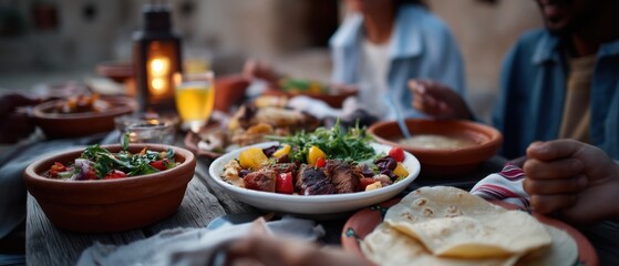Atmospheric Evening Dinner with Traditional Middle Eastern Food