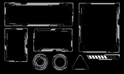 HUD frames grey user interface elements design modern technology futuristic control panel screen digital hologram window gaming menu touching cyber monitor set on black background vector