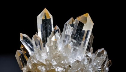 Captivating Cluster of Clear Quartz Crystals Against a Dark Backdrop.