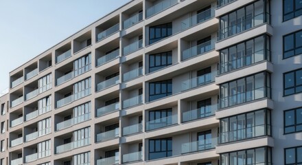 Fototapeta premium Modern apartment building exterior with balconies and glass windows under sky