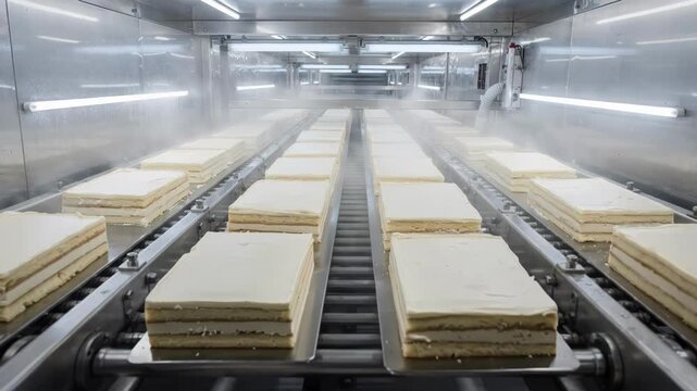 Multilayer sheet cakes moving steadily on conveyor belts inside automated freezing tunnels showcasing efficiency in largescale dessert production.