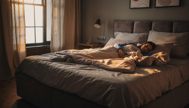 hier sehen wir eine Schlaf und Erholungsszene. Eine Frau die Bett liegt und sich entspannt ausruht.