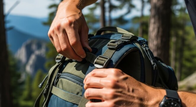 Man adjusting backpack straps outdoors in nature with scenic mountains behind