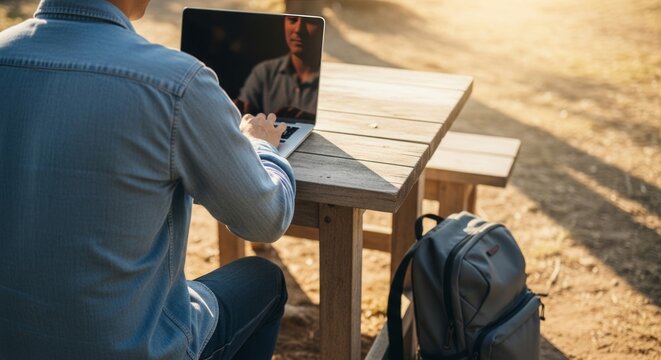 Man working remotely on laptop at outdoor picnic table with backpack