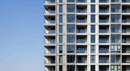 Fototapeta premium Modern apartment building with glass windows against a clear blue sky