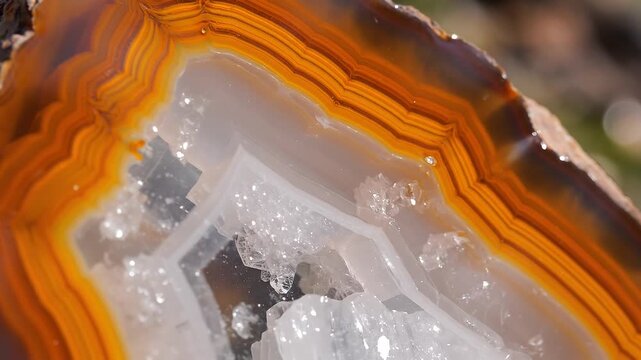 A close-up of a sliced agate gemstone with vibrant orange and white bands on a blurred outdoor background for design and geology uses