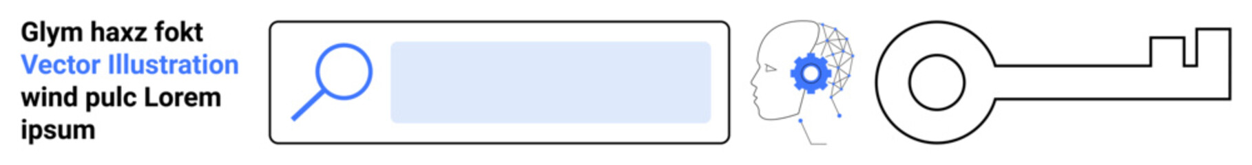 Obraz premium Knowledge acquisition, problem solving, access, search engine use, data security, innovation. Search bar, human head with cogwheel key icon. Knowledge and problem solving concepts