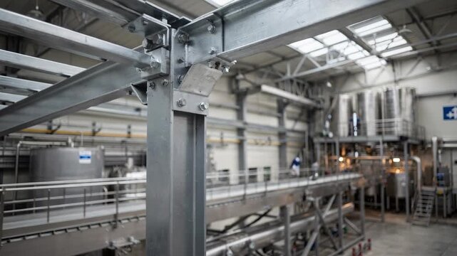 Daytime medium shot capturing sleek metal structural framework of a gin plant central beams sharp with blurred conveyors and storage facilities behind.