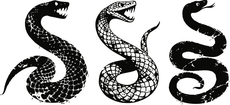 three black serpent silhouettes with open mouths and coiled bodies snake reptiles in various aggressive poses