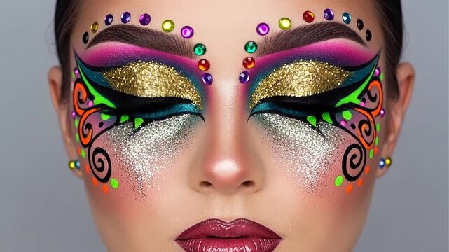 Close-up portrait of a woman with vibrant, creative, and colorful artistic makeup featuring glitter and gemstones on an isolated bright background.