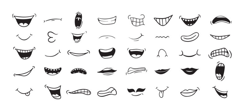 Cartoon mouth happy, smile, sad, angry expression doodle set. Hand drawn mouth, tongue caricature icon. Funny comic mouth collection 