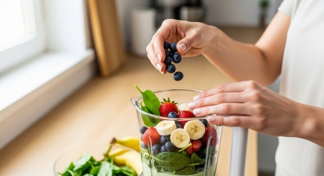 Woman preparing healthy smoothie with berries fruit and spinach in blender