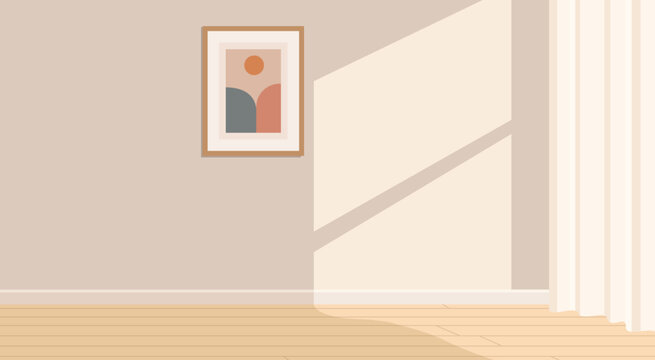 Empty Modern Living Room Interior with Minimalist Wall Art, Window Sunlight and Wooden Floor Vector