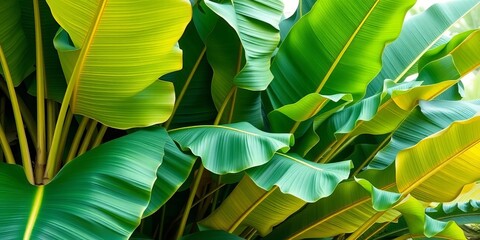 Large vibrant green banana plant leaves, lush tropical foliage,   green leaves,   outdoor