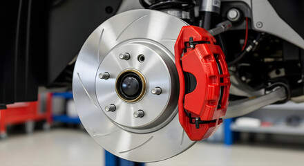 Fototapeta premium Close-up view of a performance car's vented brake disc rotor and bright red caliper, highlighting automotive engineering and braking system for high-speed vehicles, shiny metal part