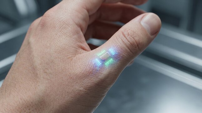 Man's hand with an embedded glowing data chip on thumb in modern setting  