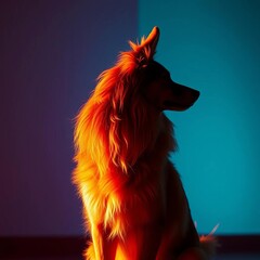 Loyal canine silhouette, sun-kissed fur, graceful pose,  calm,  close up