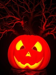 Luminous pumpkin outlines glow intensely, casting otherworldly light onto skeletal tree branches with fractal patterns,  mystical,  wide-angle